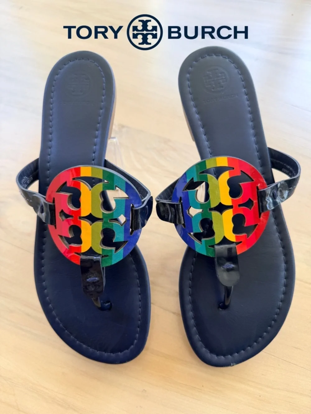 Rare TORY BURCH Blue Sandals with Rainbow Logo Medallions- Pride Sz 9.5
